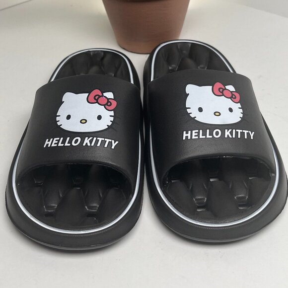Hello Kitty Black Slippers with Logo Strap Breathable Sole Mini Holes - Picture 1 of 10